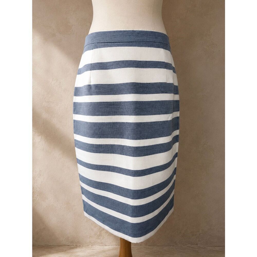 Halogen Sz 12 Striped Pencil Skirt Blue White Nautical Midi Career